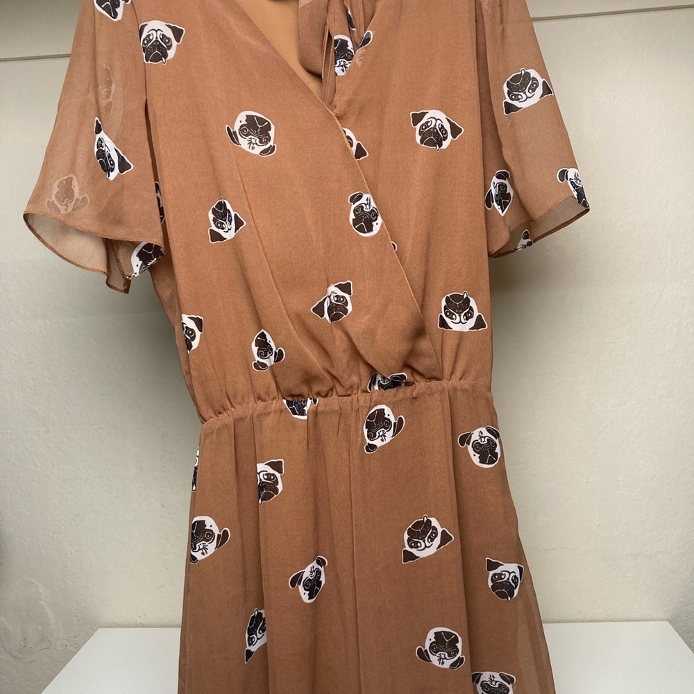 Brown Pug-Print Wrap Waist Dress - Women